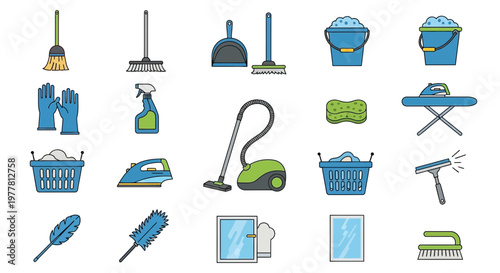 Cleaning supplies icons: broom, vacuum, bucket, gloves, spray, iron, sponge, dustpan