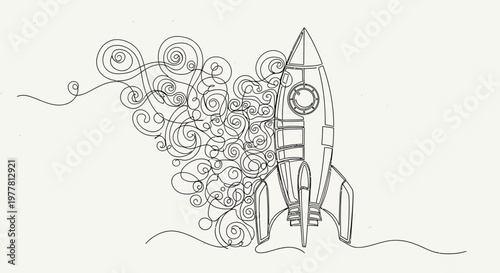 Hand-drawn rocket launching with swirling smoke, symbolizing startup and innovation