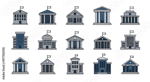 Collection of Government Building Icons: Courthouse, City Hall, Public Administration Icons