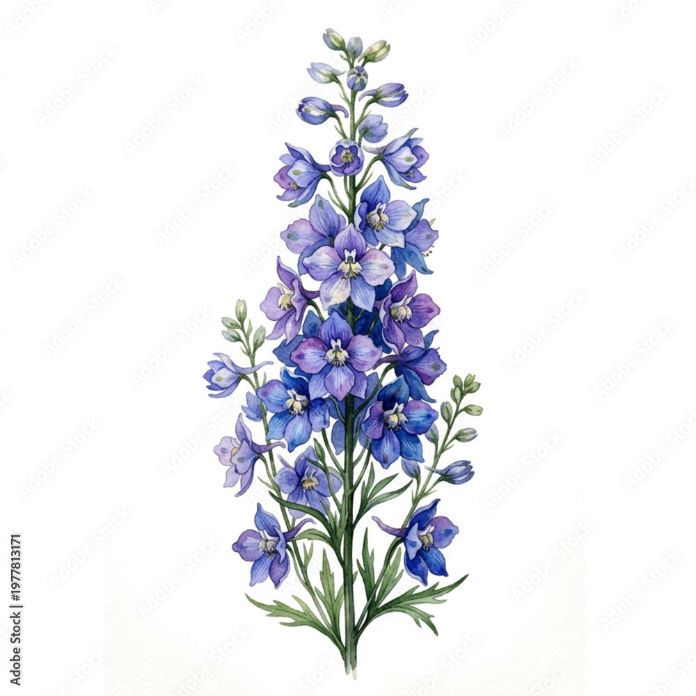 Obraz premium Larkspur watercolor hand drawing isolated in white background
