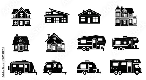 Diverse Collection of House and RV Icons: Residential Homes, Cabins, Campers, and Motorhomes