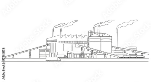 Industrial Factory Building with Smoke Stacks and Conveyor Belts, Black and White Line Art