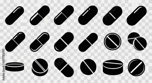 Collection of Black Pill and Capsule Icons on Transparent Background