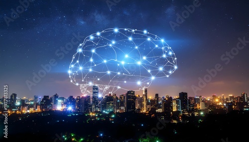 Glowing digital brain of light floating above a city skyline at night under a starry sky.