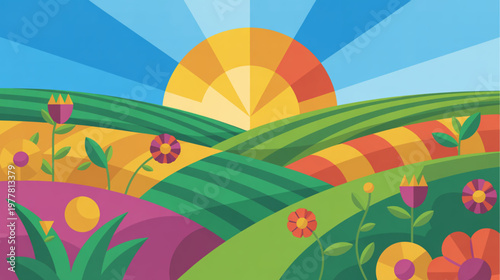 Vibrant landscape, colorful hills, blooming flowers, sunny scenery, vector illustration