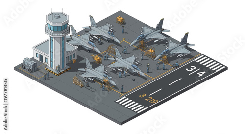 Isometric 3D illustration of a military facility depicts fighter jets parked on the tarmac next to an air traffic control tower, set on a gray platform against a clean white background