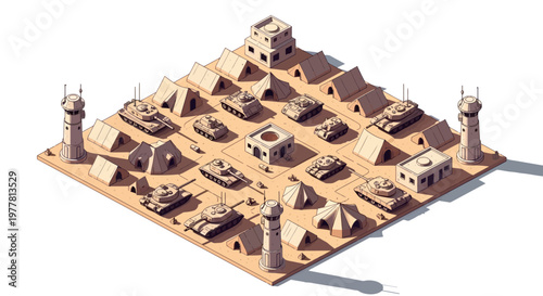 Isometric vector illustration depicts a 3D military base with tanks, tents, and guard towers arranged on a beige-colored platform, set against a clean white background, creating a strategic
