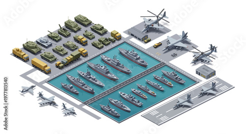 Detailed 3D isometric illustration of a military base showcasing an army camp and compound, complete with tanks, trucks, ships, helicopters, and airplanes arranged on a light blue surface