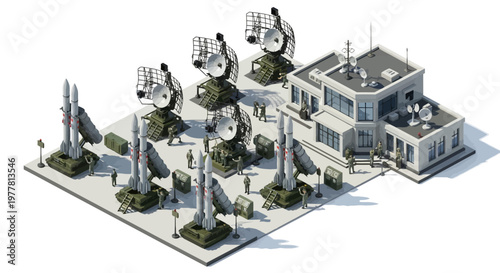 Isometric 3D military base illustration, showcasing a military compound with radar installations and missile launchers arranged around a central building, set against a clean white