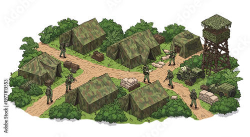 Isometric 3D military illustrations present a military base vector design featuring tents, watchtower, and soldiers, set within a verdant landscape and rendered in a detailed, top-down