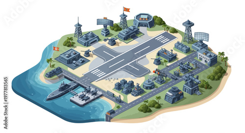 A 3D isometric military base illustration presents an army camp with various buildings, vehicles, and an airfield runway on an island, designed with a neutral color palette against a clean