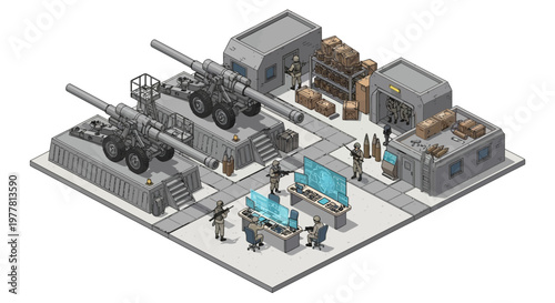 Isometric army base featuring artillery guns and control rooms is rendered in 3D with a detailed, vector design, showing a military facility with supplies and personnel in a neutral color