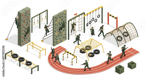 Isometric 3D military illustrations depict soldiers navigating an army base obstacle course with climbing walls, monkey bars, and tire runs, presented in a clean vector design on a white