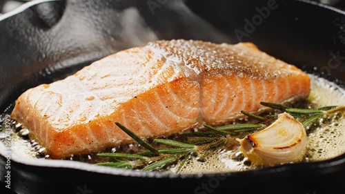 A piece of salmon fillet cooking in a pan with herbs and butter on a stovetop