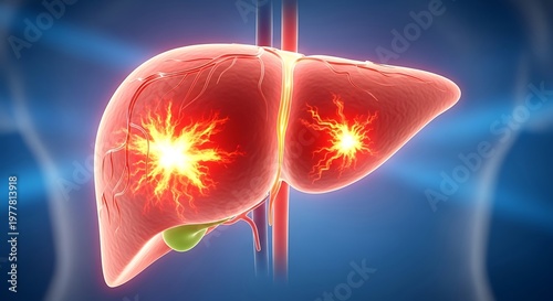 3D render of a diseased liver with glowing inflammation, shown in a human body