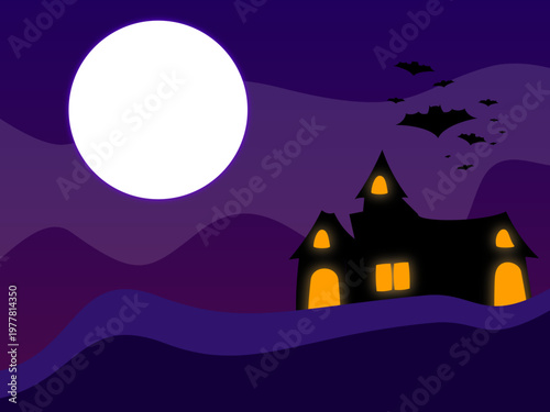 Spooky haunted house silhouette under a full moon night with bats flying, flat vector illustration for Halloween background.