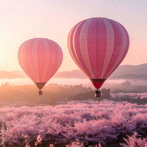 Hot air balloons floating over a field of cherry blossoms at sunrise.