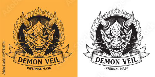 Demon Veil Infernal Mask Illustration of Cracked Japanese Hannya Oni with Flames