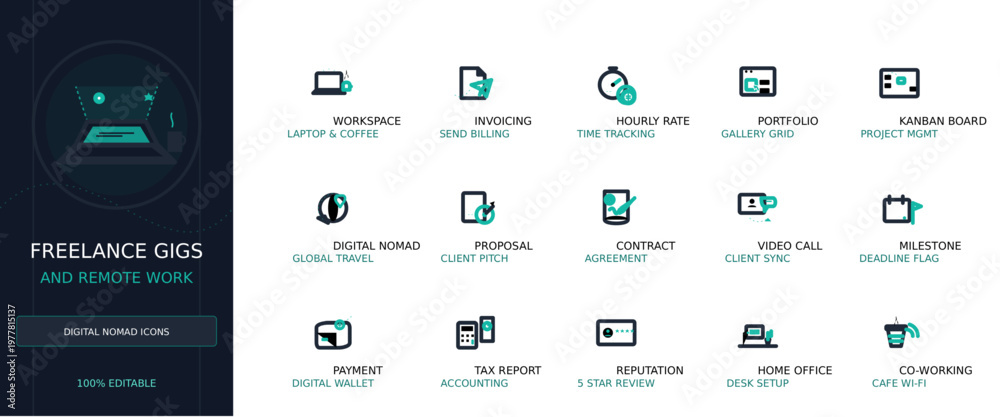 Fototapeta premium Freelance and Remote Work Digital Nomad Icon Set