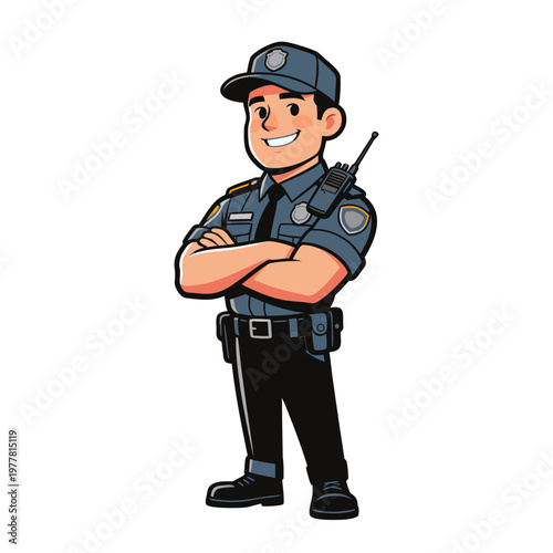 Bold vector illustration of a full body security guard mascot with arms crossed and radio, designed in a clean and friendly professional branding style.