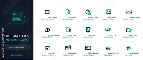 Freelance and Remote Work Digital Nomad Icon Set