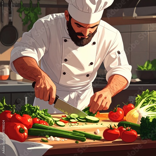 Professional Chef Expertly Slicing Fresh Vegetables on a Wooden Cutting Board in a Modern Kitchen.