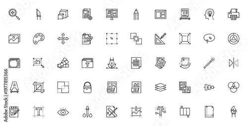 Editorial Design icon set. Vector graphics pack featuring zoom, cut, 3D, layout, pencil, brain, color palette, ruler, edit tools, font, brush and more.