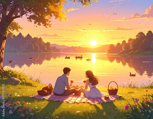 Romantic Sunset Picnic by the Lake.