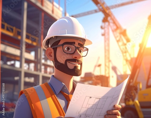 Smiling Engineer with Blueprints at Construction Site.