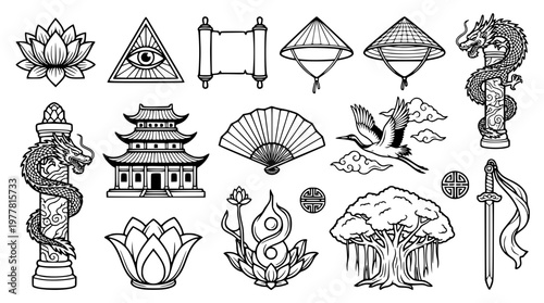 Various asian inspired vector graphic illustrations and designs
