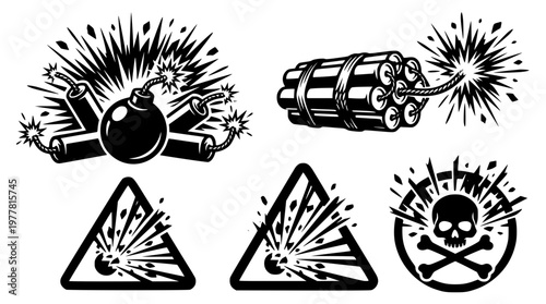 Black and white vector graphics of explosive warning signs