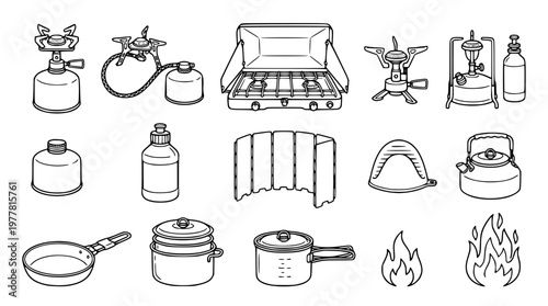 Vector graphic illustration of various camping cooking equipment set