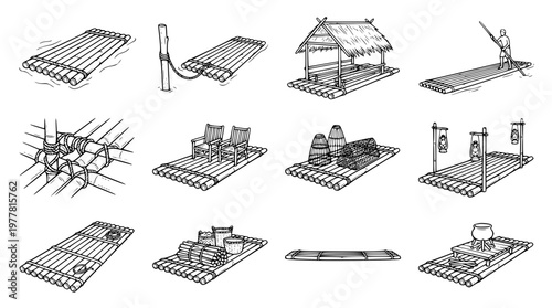 Various bamboo raft designs with different features and objects