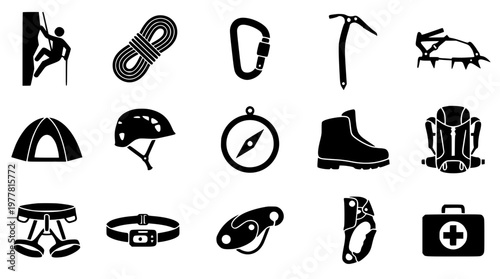 Climbing and hiking equipment icons in vector graphic design