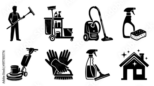 Vector graphic illustration of various cleaning tools and equipment