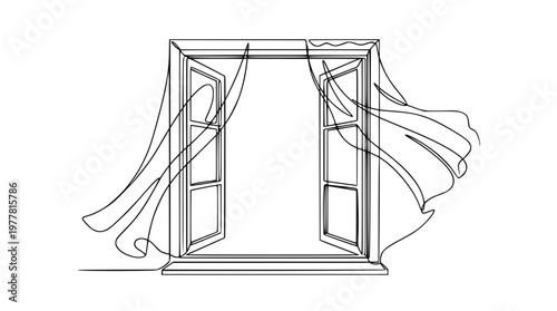 Vector illustration of an open window with curtains blowing