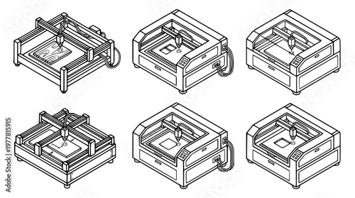 CNC milling machine vector illustration with six different views