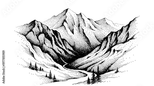 Stunning black and white mountain landscape with trees