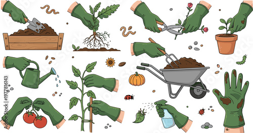 Gardening Icon Set with Planting, Watering, and Harvesting Actions for Gardeners, Organic Farming, and Plant Care Designs