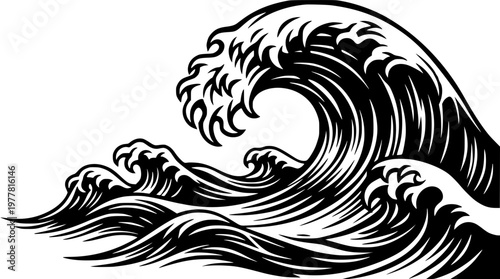 Large crashing ocean wave in a vector graphic design