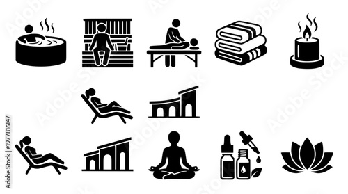 Black silhouettes of people relaxing at a wellness center