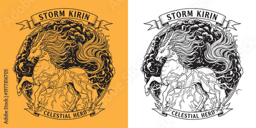 Storm Kirin Celestial Herd Mythical Creature Lightning Illustration