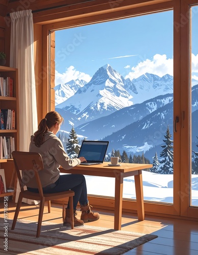 Woman working remotely on laptop with stunning snowy mountain view.