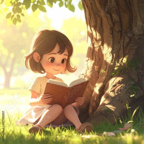 Young girl reading a book under a tree in a sunny park.