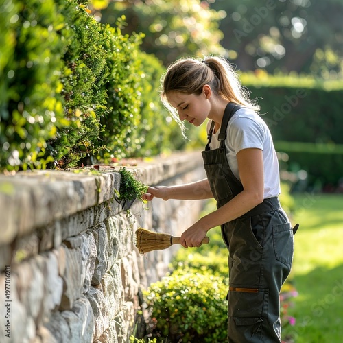 Young Woman Cleaning Stone Wall in Garden with Brush.