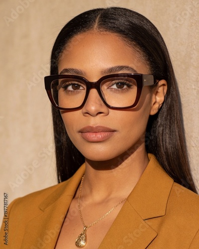 Selbstbewusste junge Frau mit Brille und goldenem Schmuck im Porträt