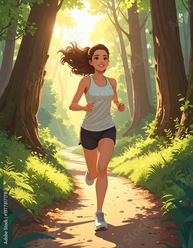 Young Woman Jogging on a Forest Path in Bright Sunlight.