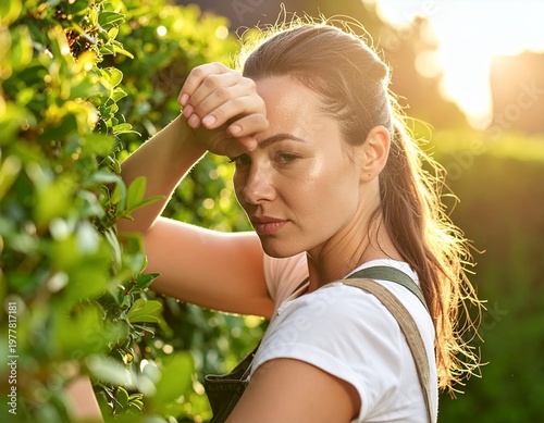Young Woman Farmer Resting in Vineyard at Sunset.