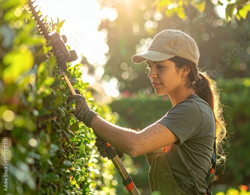 Young Woman Trimming Hedges in Sunny Garden.