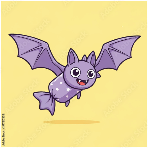 Purple cartoon flying bat creature.